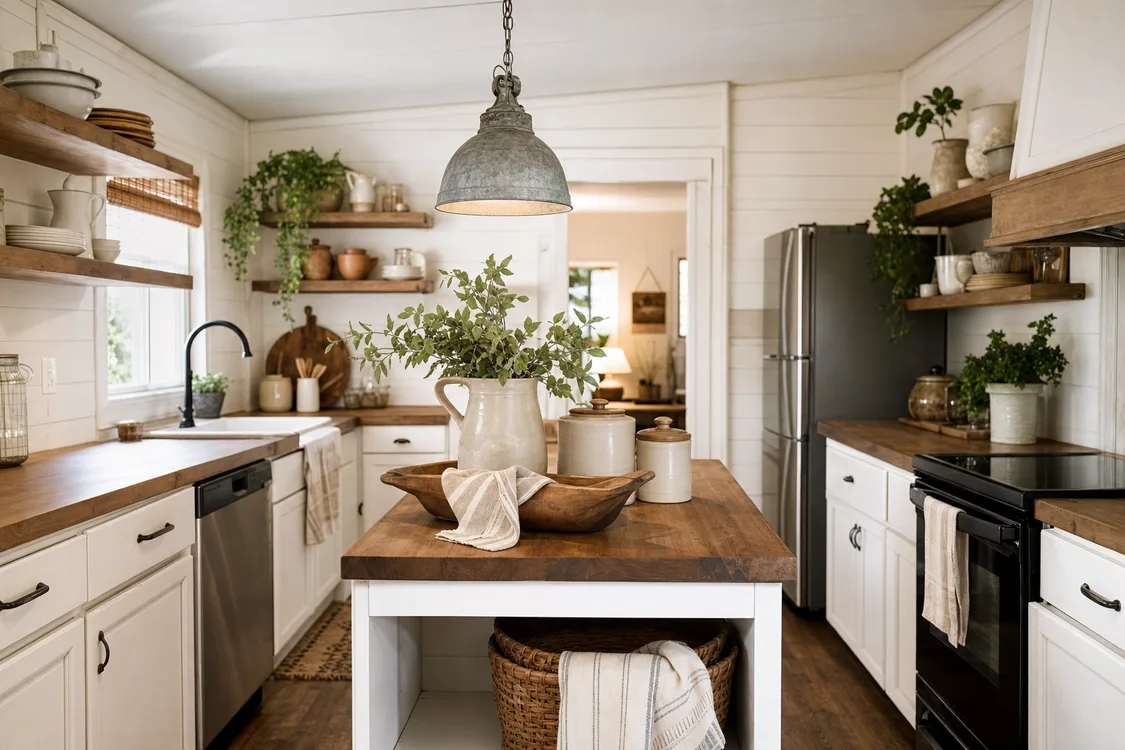 A bright single-wide mobile home kitchen with white shaker cabinets, open wood shelving, a galvanized metal farmhouse pendant light, and a coffee, tea, and sugar canister set on a warm wood countertop