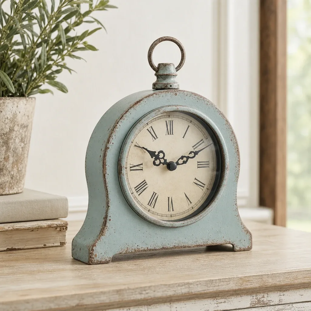 Alternate view of Aqua Mantle Clock styled on a softly lit farmhouse surface