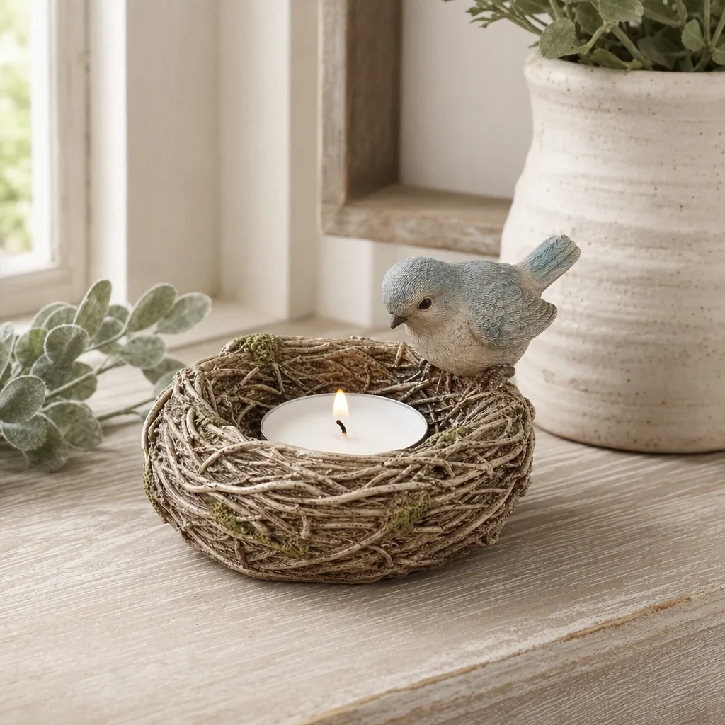 Alternate view of Bird Nest Candle Holder styled on a softly lit farmhouse surface