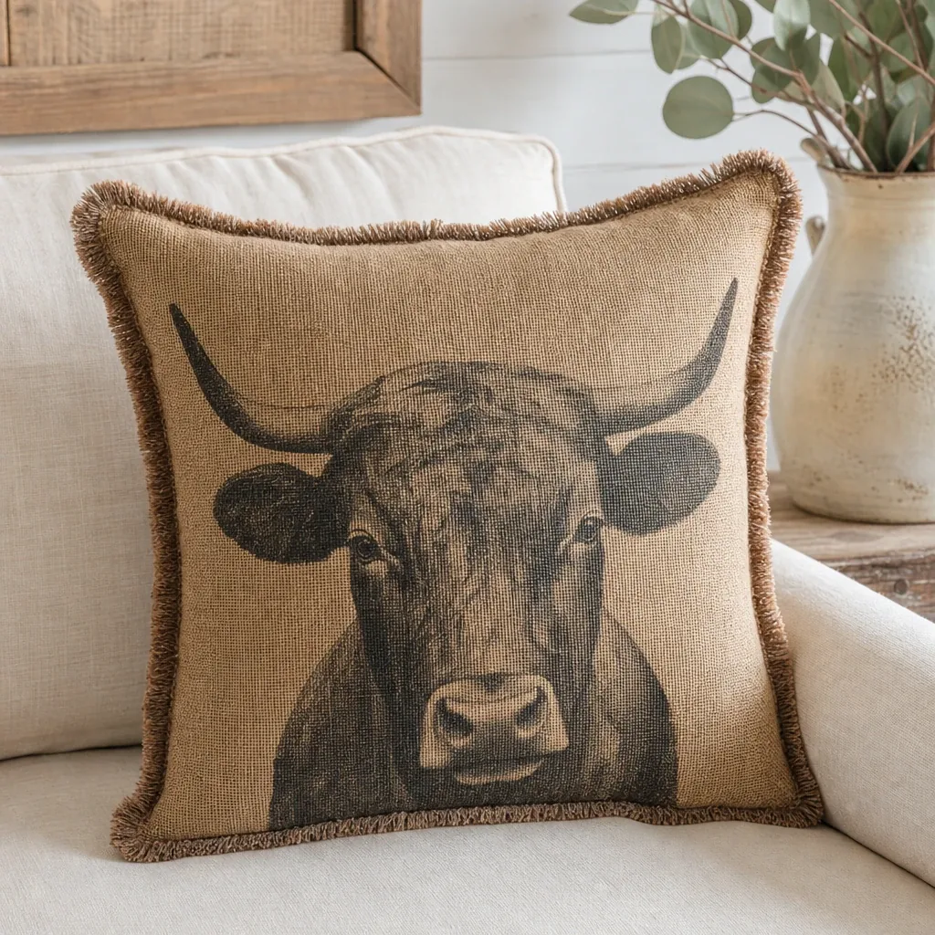 Alternate view of Burlap Bull Pillow styled in a warm farmhouse room