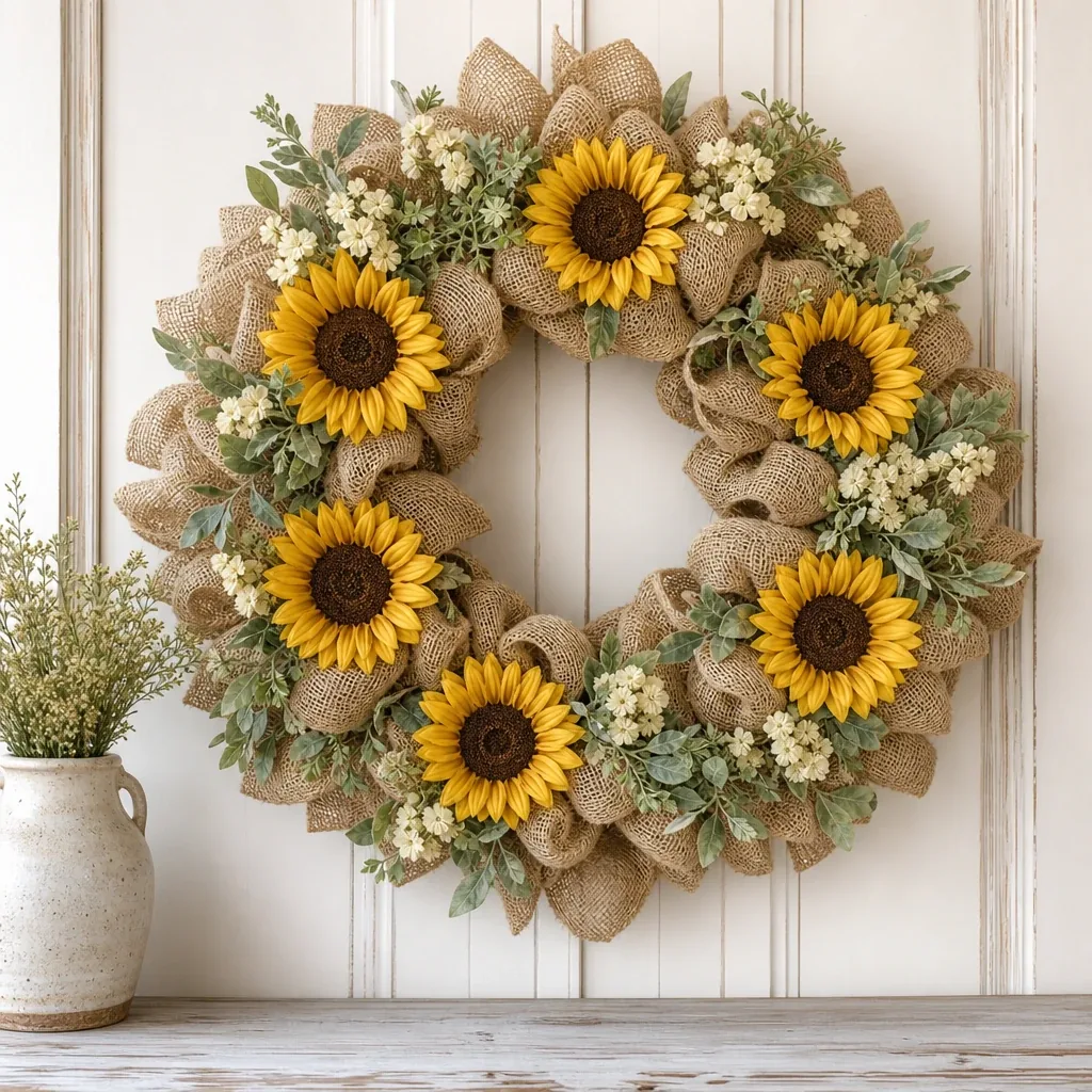Alternate view of Burlap Sunflower Wreath styled with soft natural light and greenery