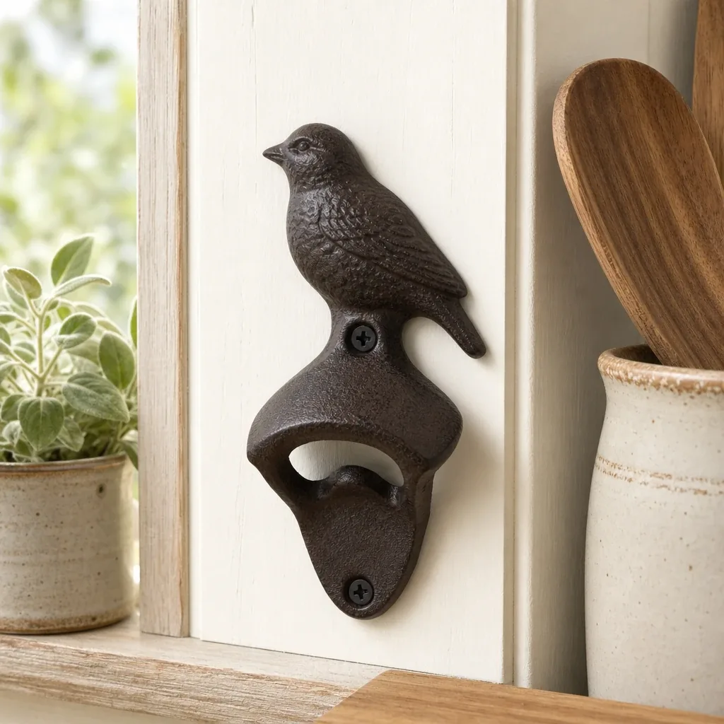 Alternate view of Cast Iron Bird Bottle Opener styled on a softly lit farmhouse surface