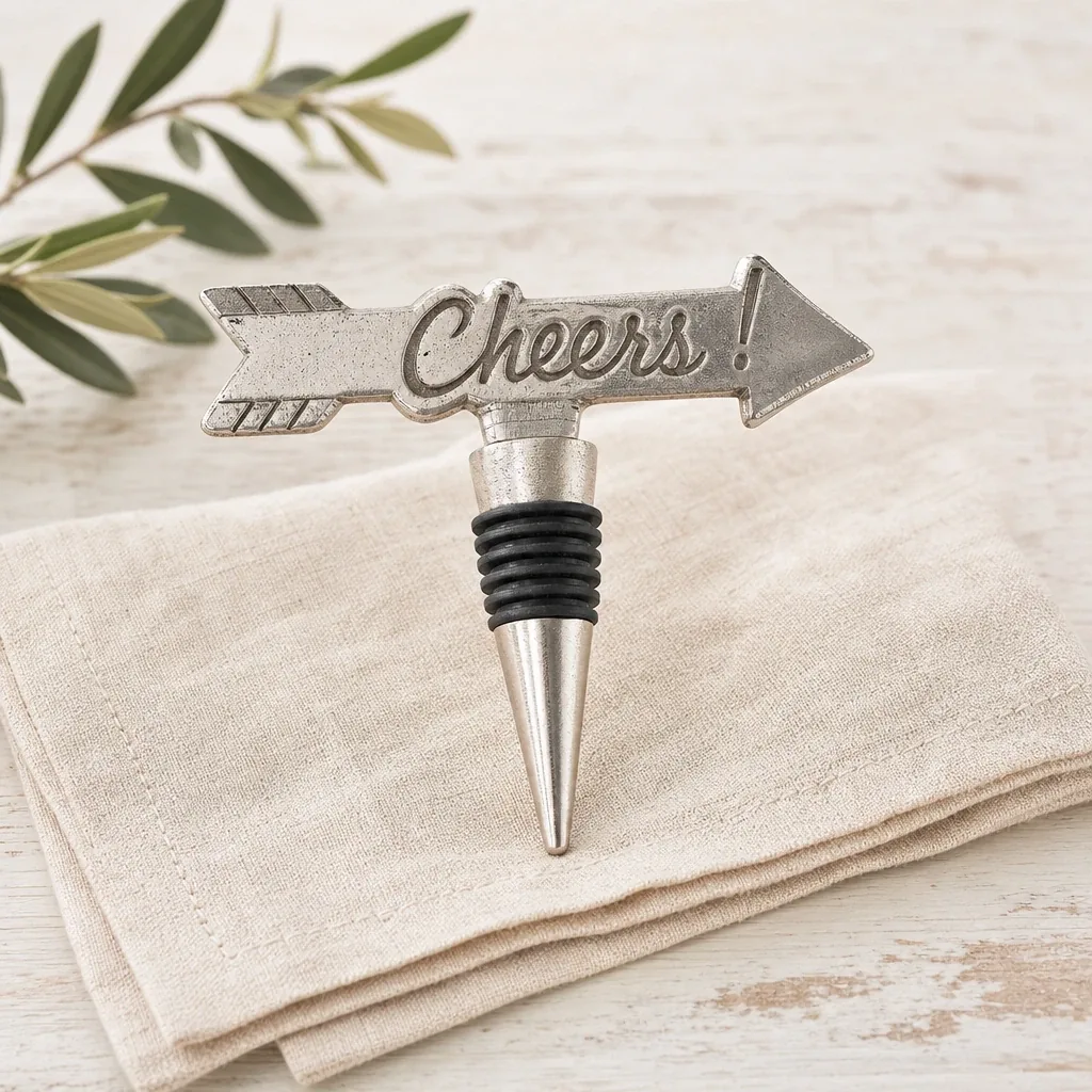 Cheers Bottle Stopper styled on a softly lit farmhouse surface