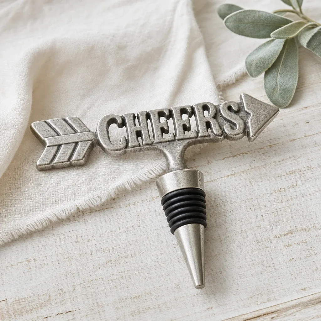 Alternate view of Cheers Bottle Stopper styled on a softly lit farmhouse surface
