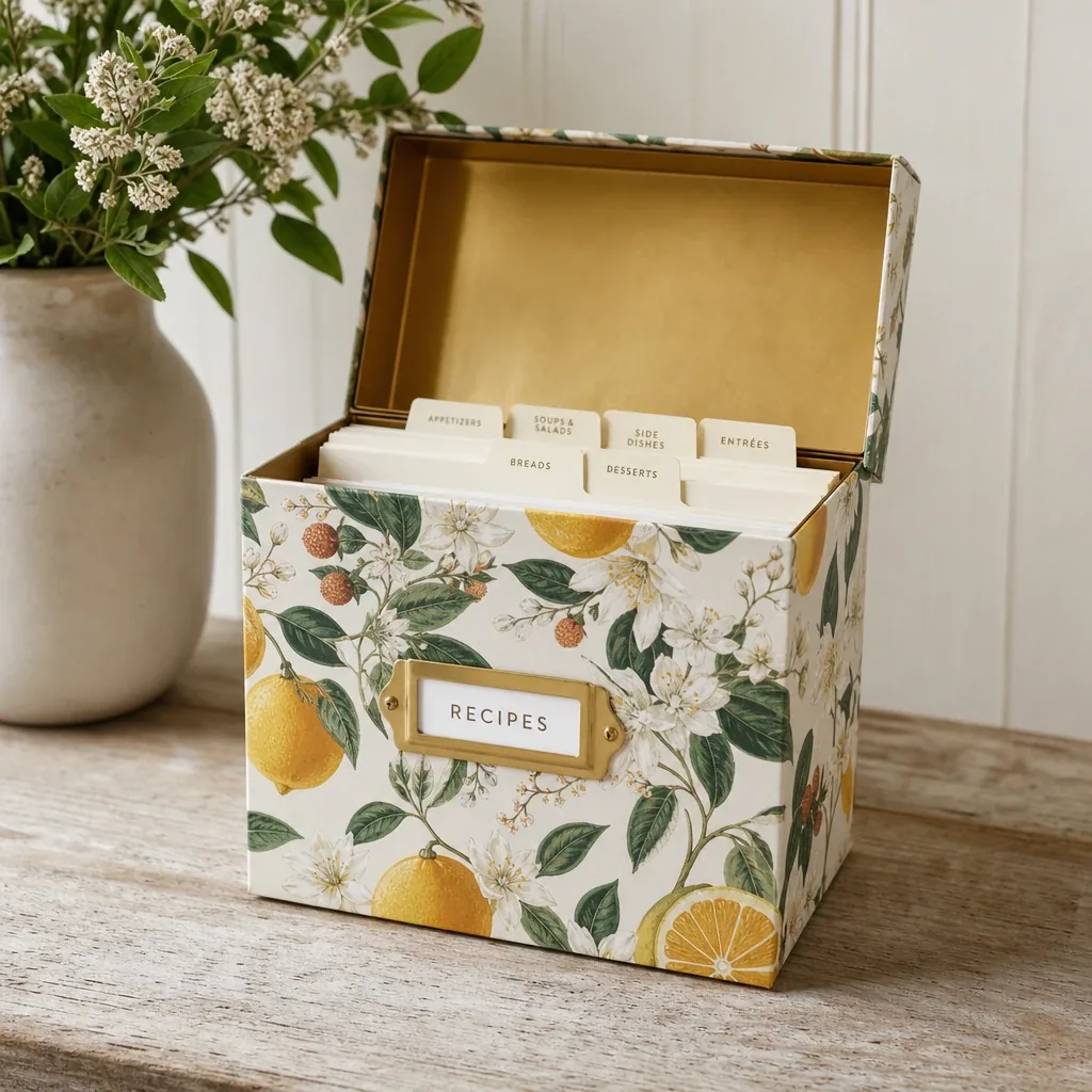 Citrus Floral Recipe Box styled with soft natural light and greenery