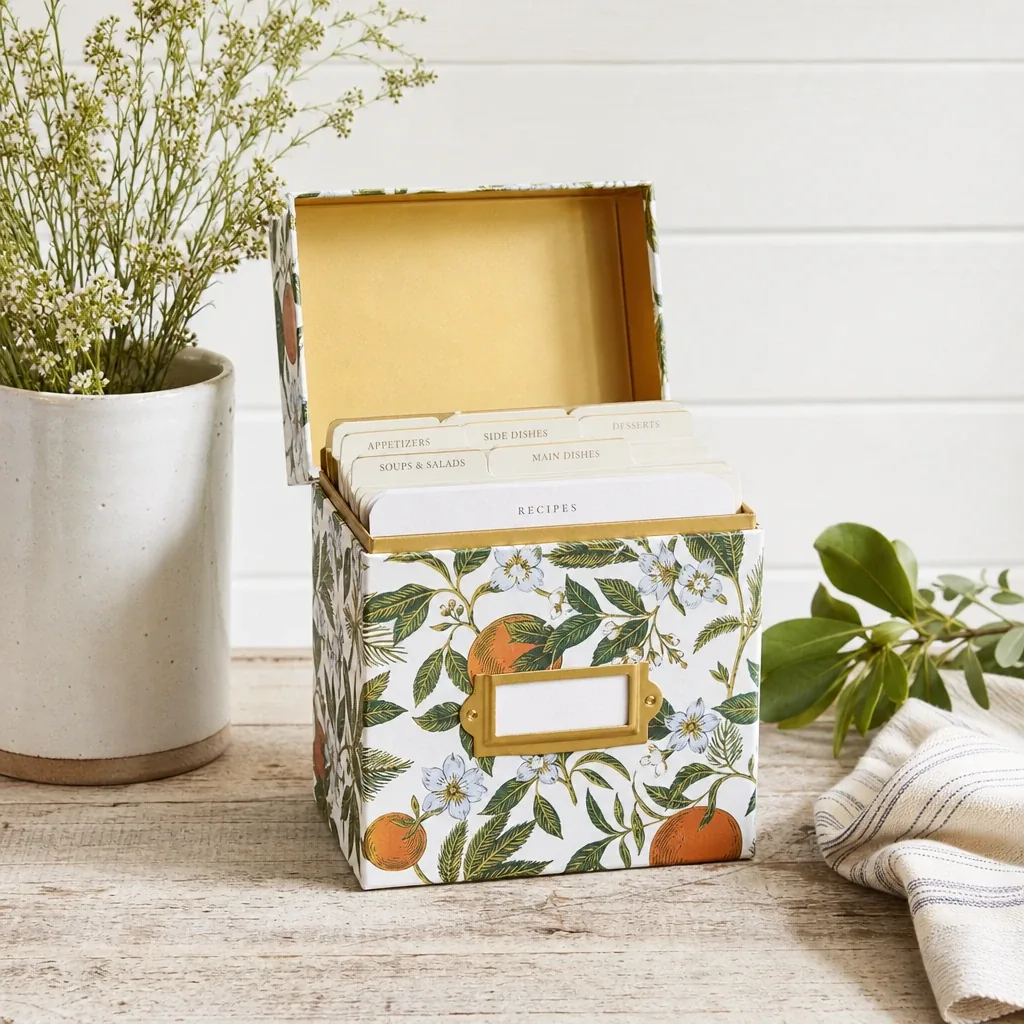 Alternate view of Citrus Floral Recipe Box styled with soft natural light and greenery