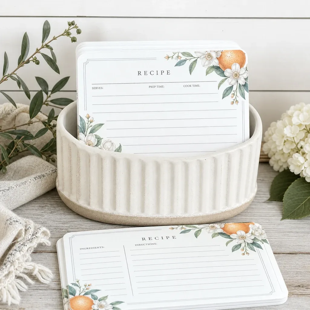 Citrus Floral Recipe Cards styled with soft natural light and greenery
