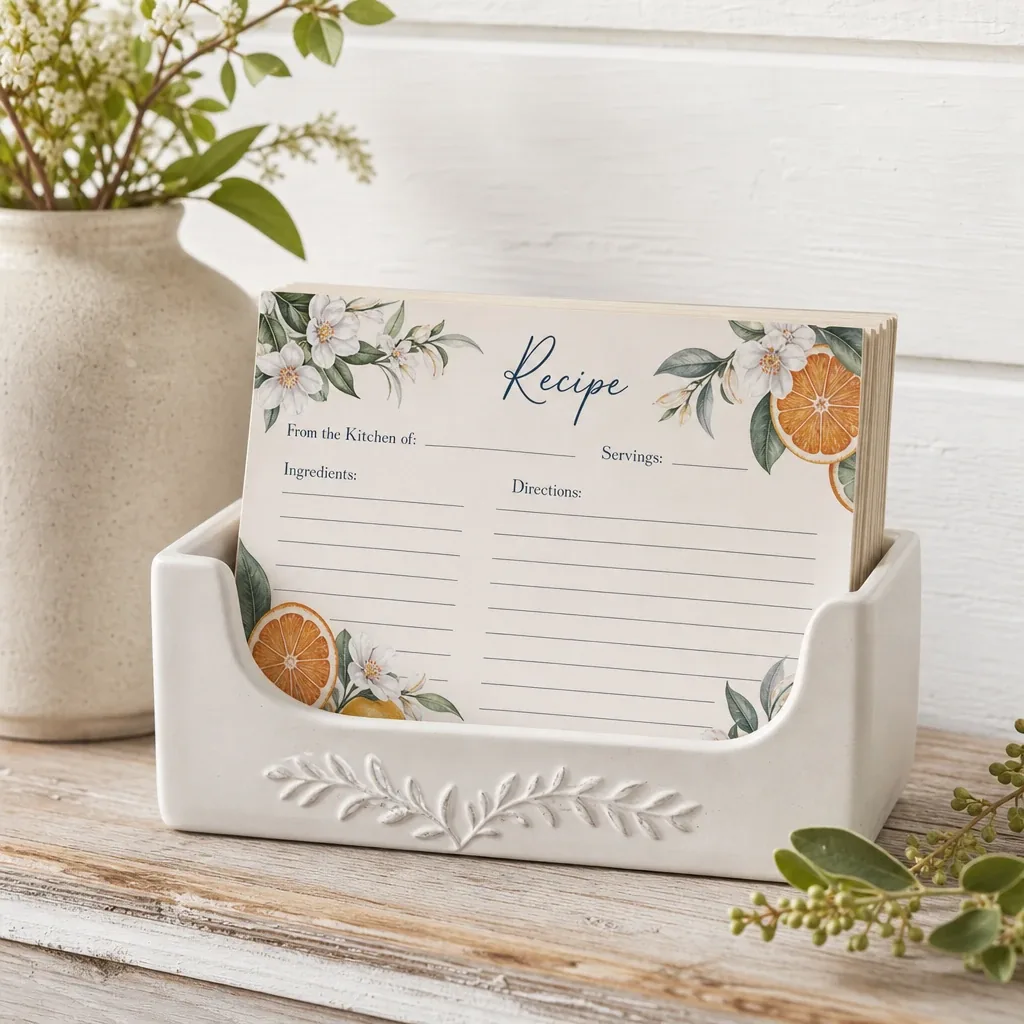 Alternate view of Citrus Floral Recipe Cards styled with soft natural light and greenery