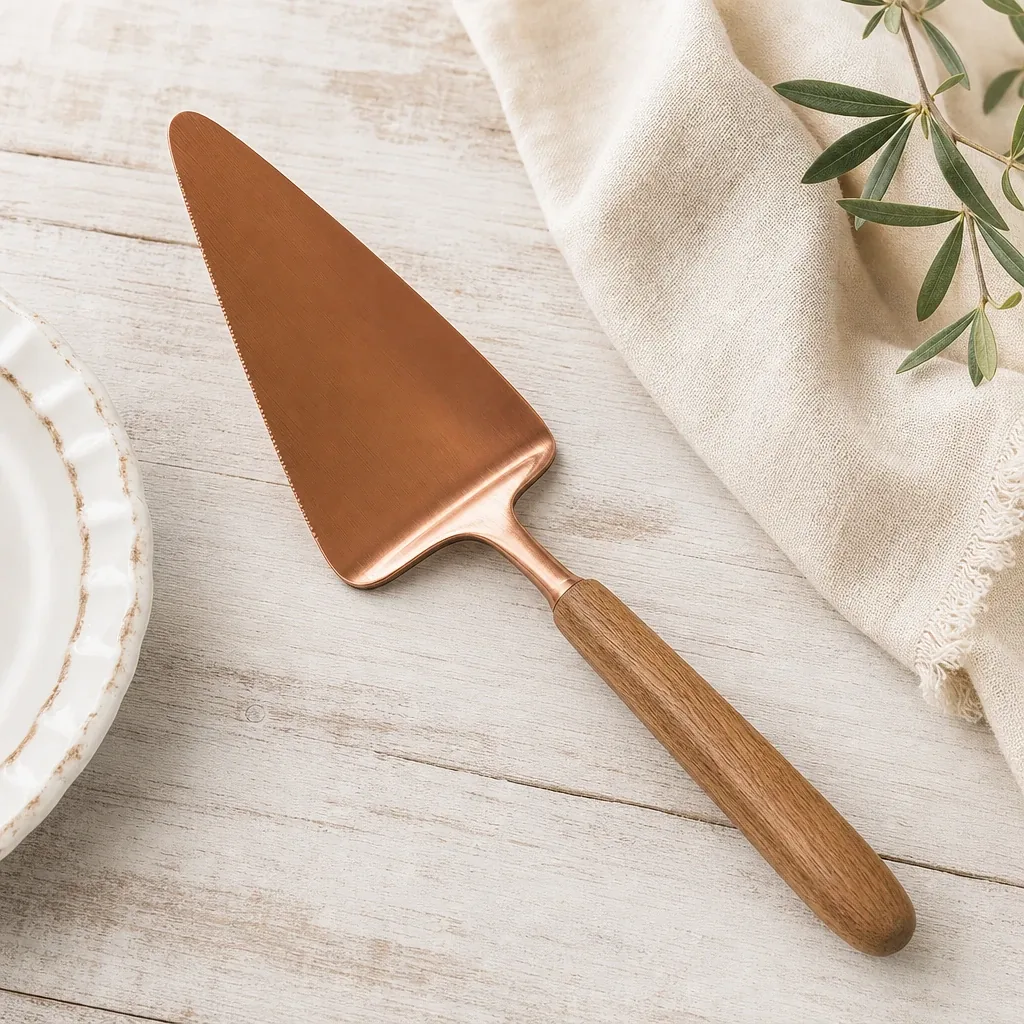 Copper Cake Server styled on a softly lit farmhouse surface