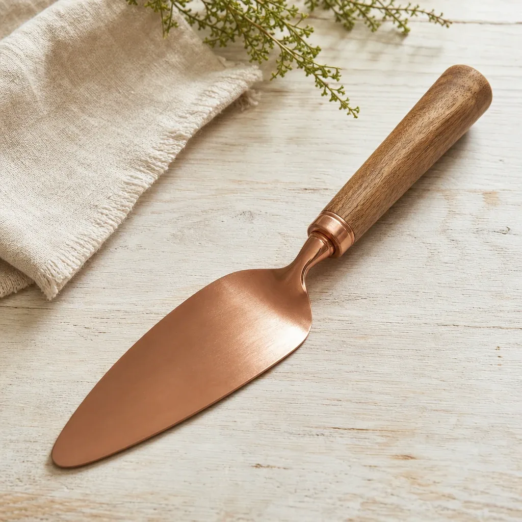 Alternate view of Copper Cake Server styled on a softly lit farmhouse surface