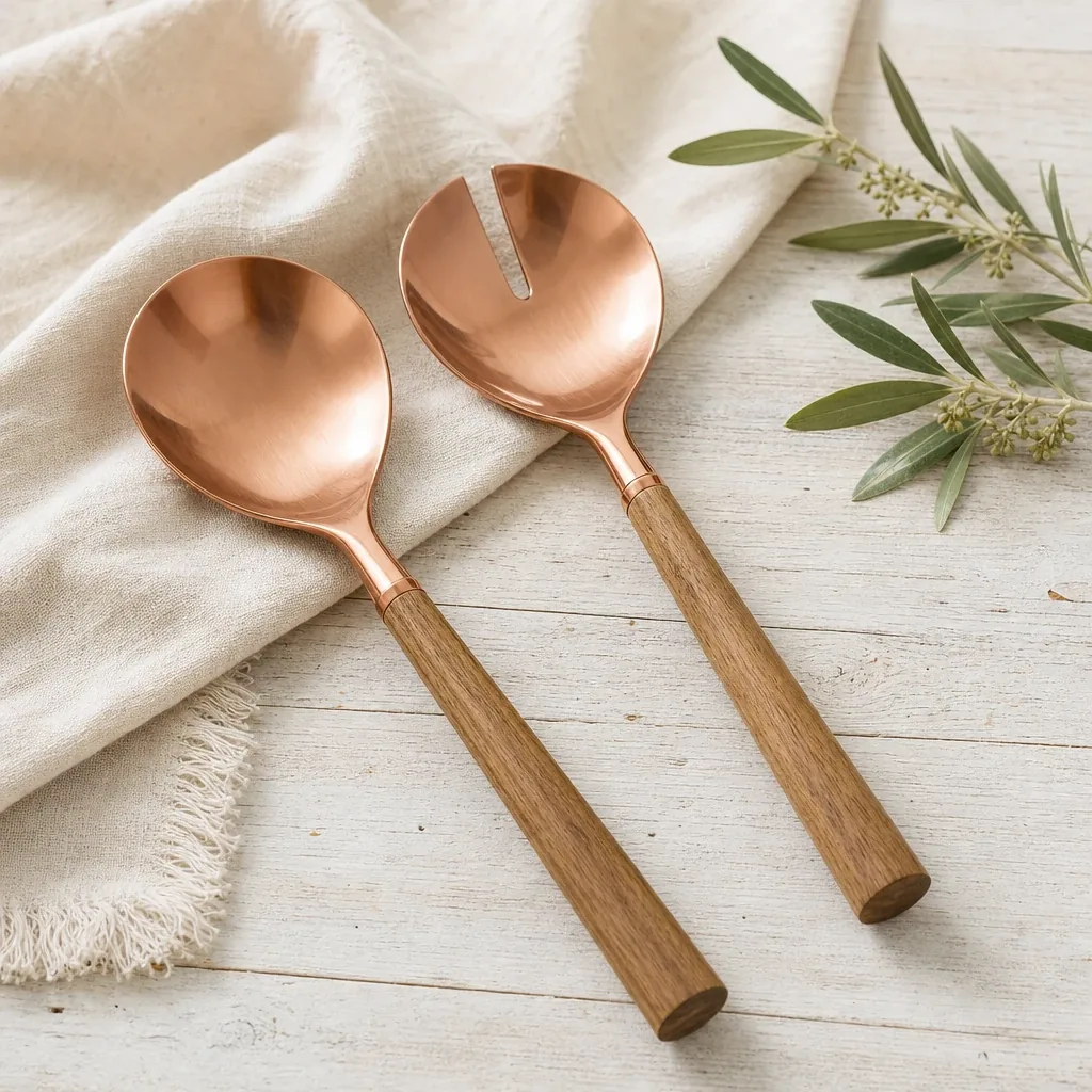 Copper Salad Servers styled on a softly lit farmhouse surface