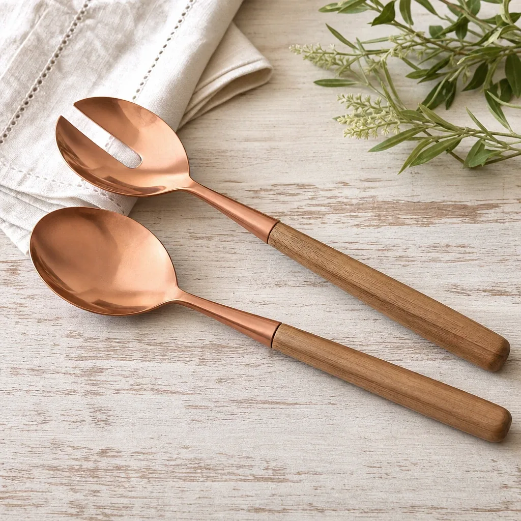 Alternate view of Copper Salad Servers styled on a softly lit farmhouse surface