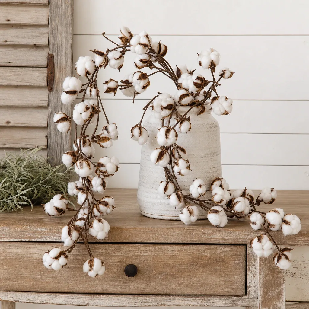 Alternate view of Cotton Garland styled with soft natural light and greenery