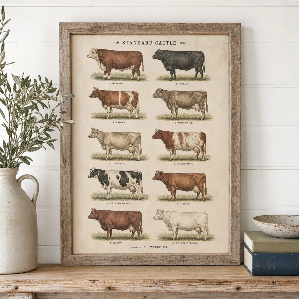 Framed Vintage Cow Breeds styled on a softly lit farmhouse surface