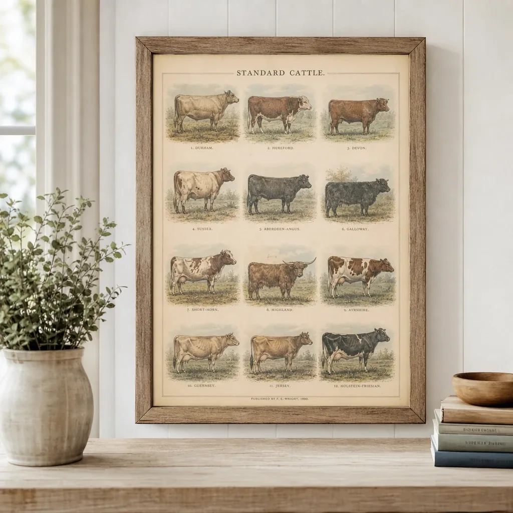 Alternate view of Framed Vintage Cow Breeds styled on a softly lit farmhouse surface