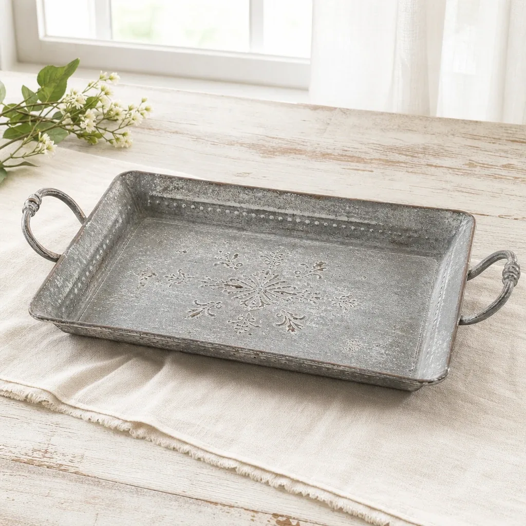 Distressed Catherine Serving Tray styled on a softly lit farmhouse surface