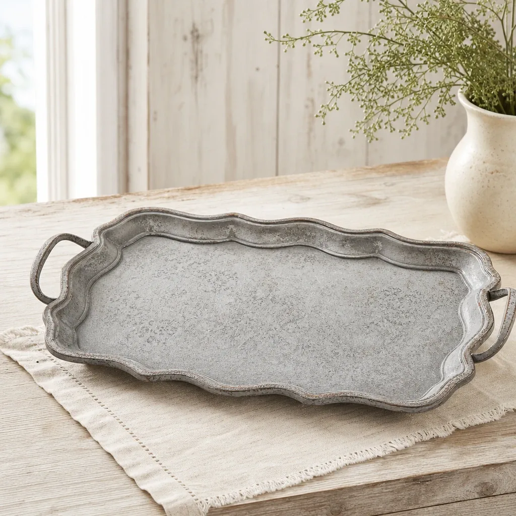 Alternate view of Distressed Catherine Serving Tray styled on a softly lit farmhouse surface