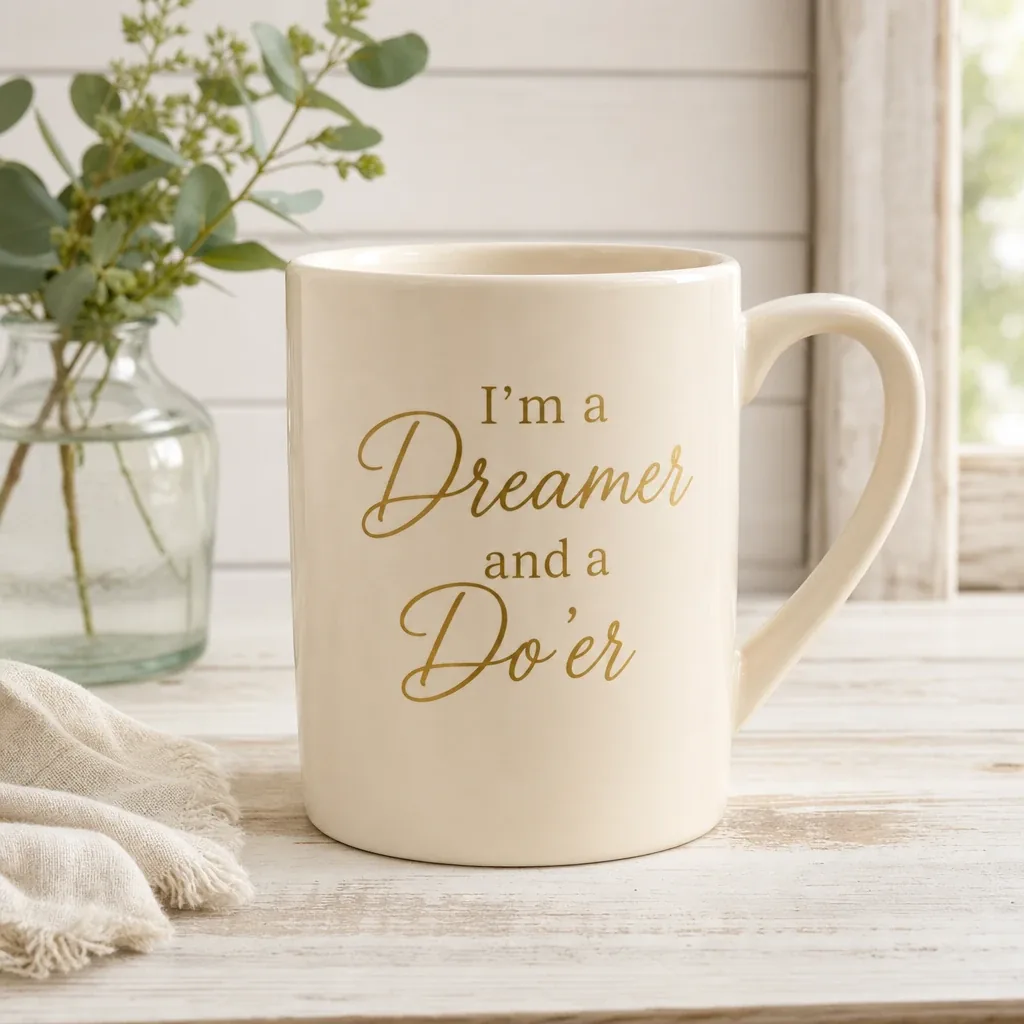 Dreamer Mug styled on a softly lit farmhouse surface