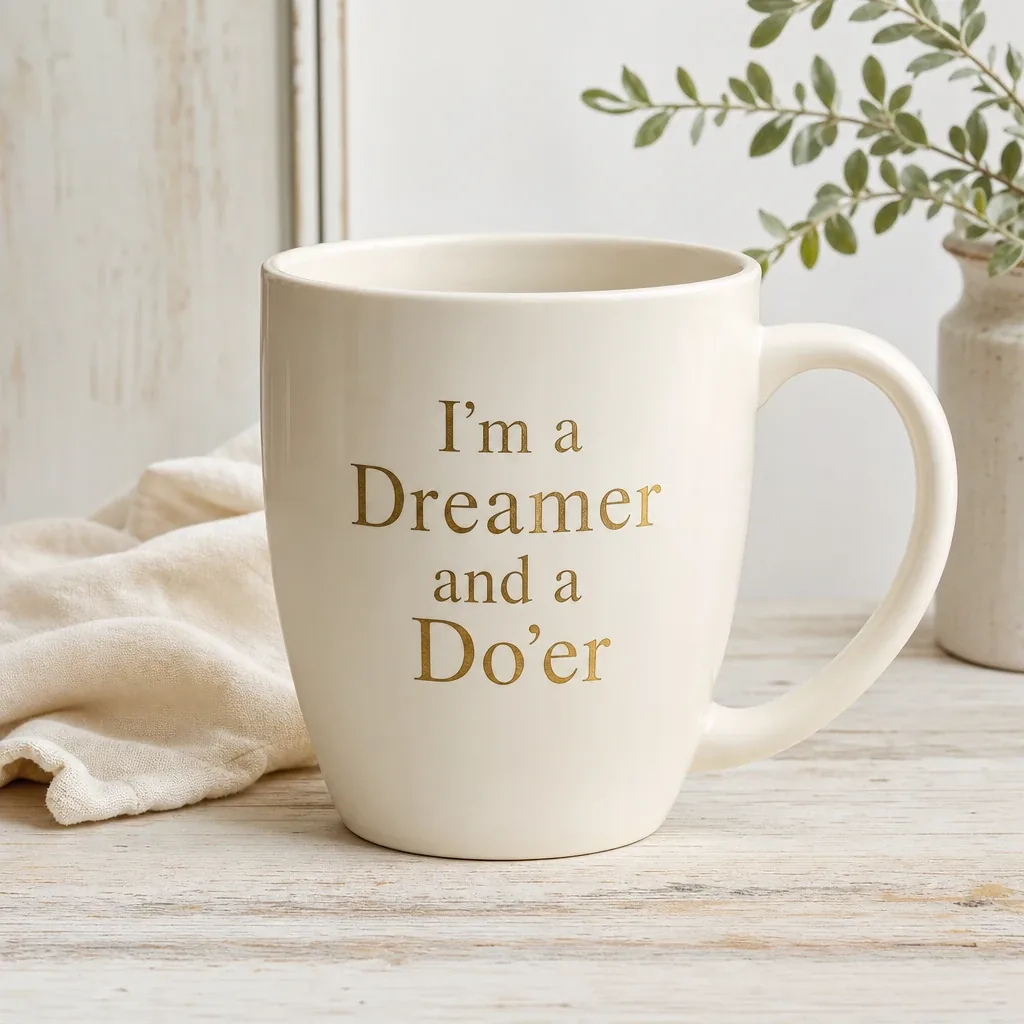 Alternate view of Dreamer Mug styled on a softly lit farmhouse surface