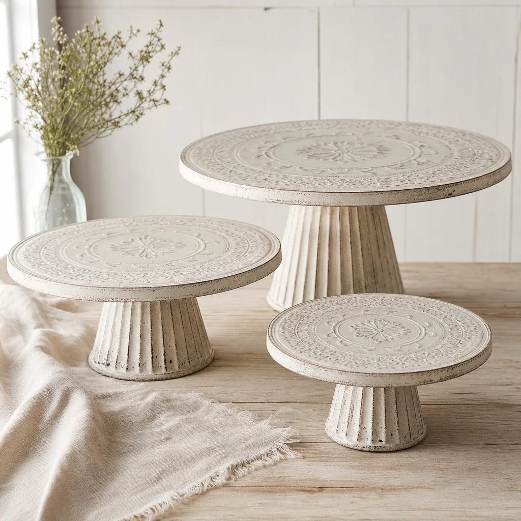 Embossed Metal Cake Stands styled on a softly lit farmhouse surface