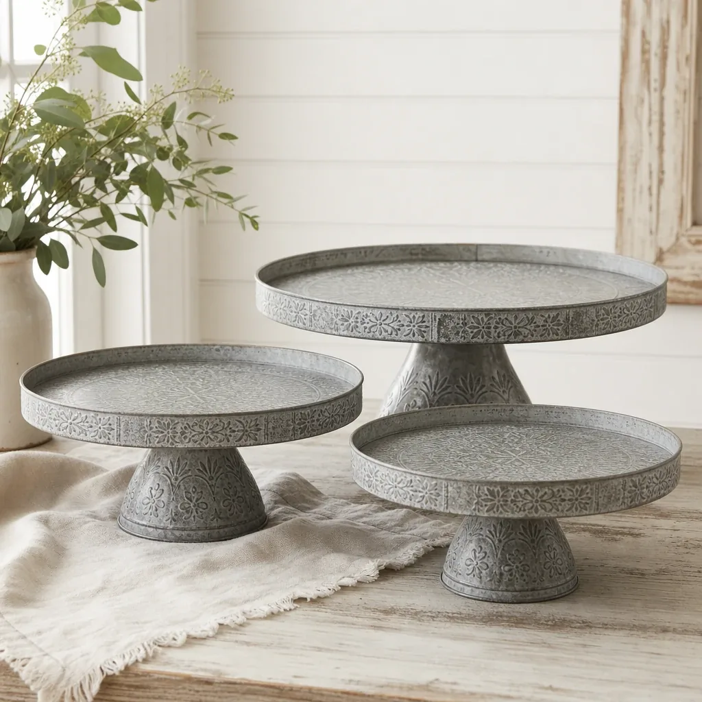 Alternate view of Embossed Metal Cake Stands styled on a softly lit farmhouse surface