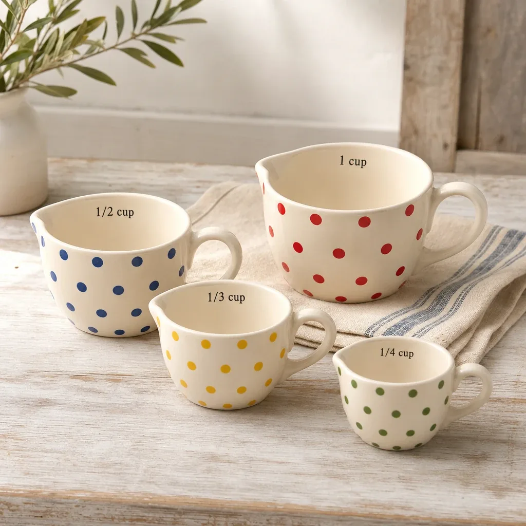 Everly Polka Dot Measuring Cups styled on a softly lit farmhouse surface