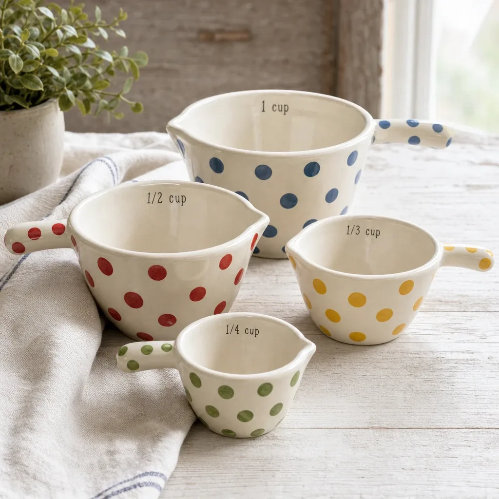 Alternate view of Everly Polka Dot Measuring Cups styled on a softly lit farmhouse surface