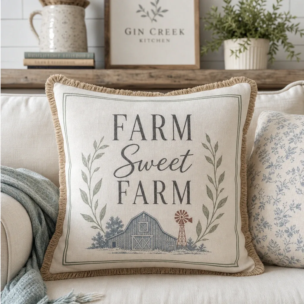 Farm Sweet Farm Pillow styled in a warm farmhouse room