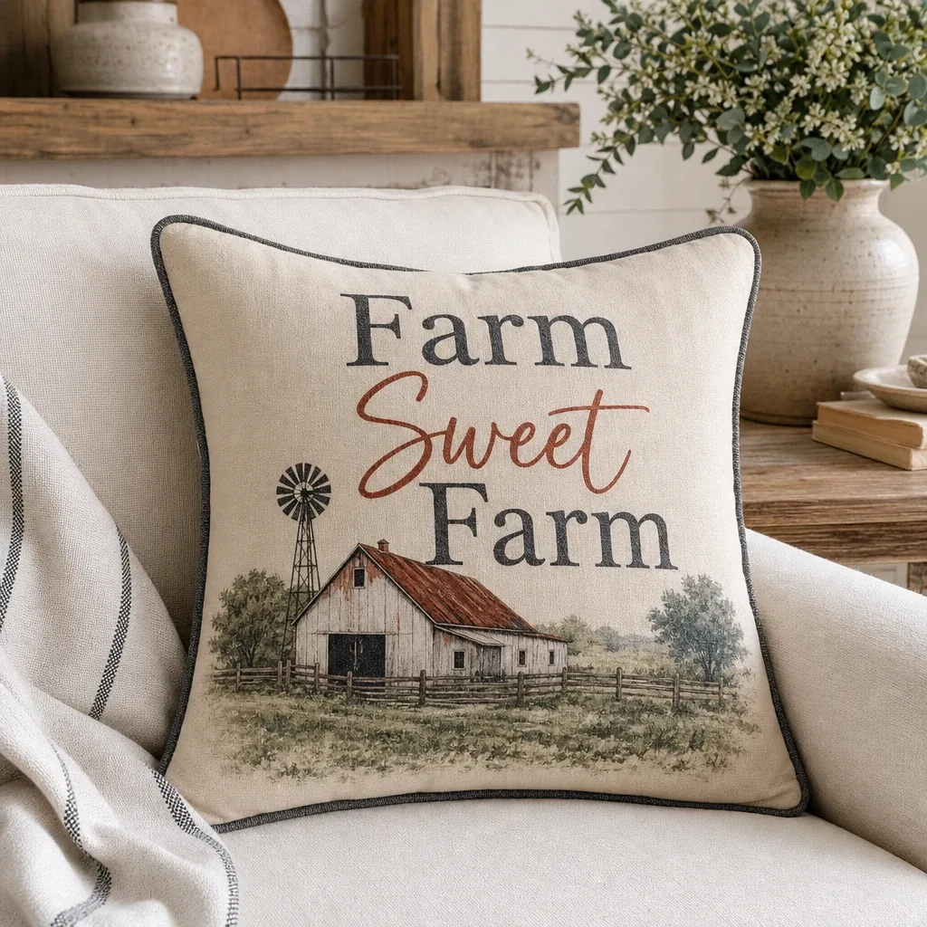 Alternate view of Farm Sweet Farm Pillow styled in a warm farmhouse room