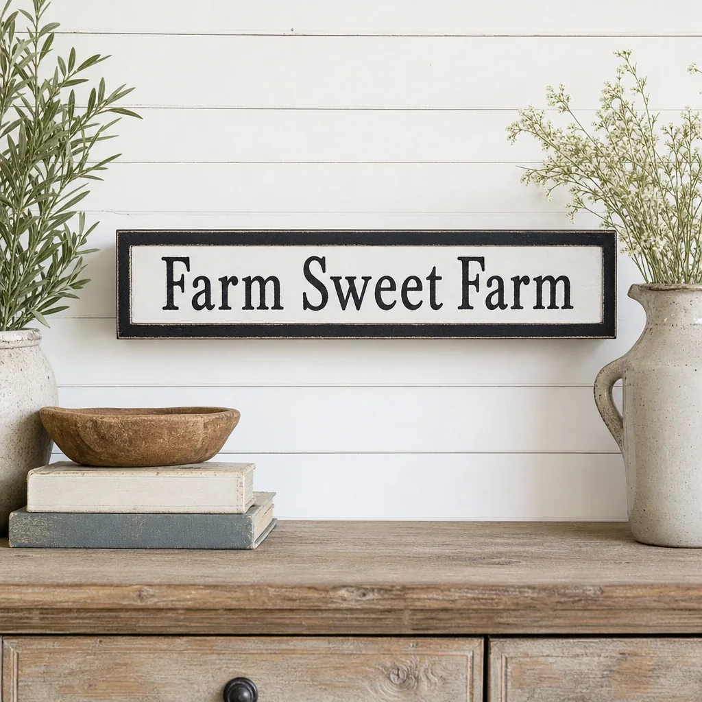 Farm Sweet Farm Sign displayed in a warm farmhouse interior