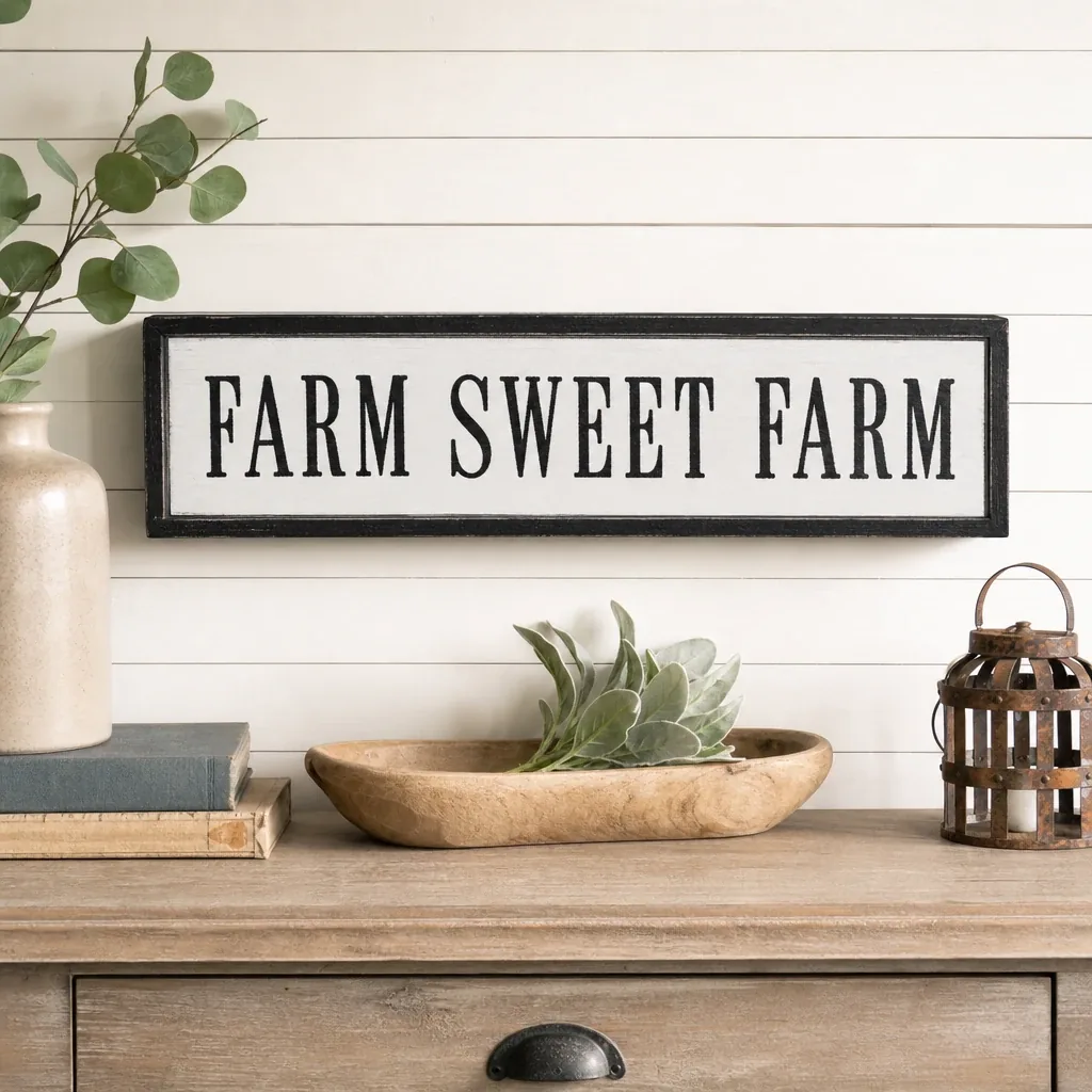 A framed Farm Sweet Farm sign hanging on a white shiplap wall above a weathered wood console table styled with a wooden dough bowl, greenery, stacked books, and a rustic lantern