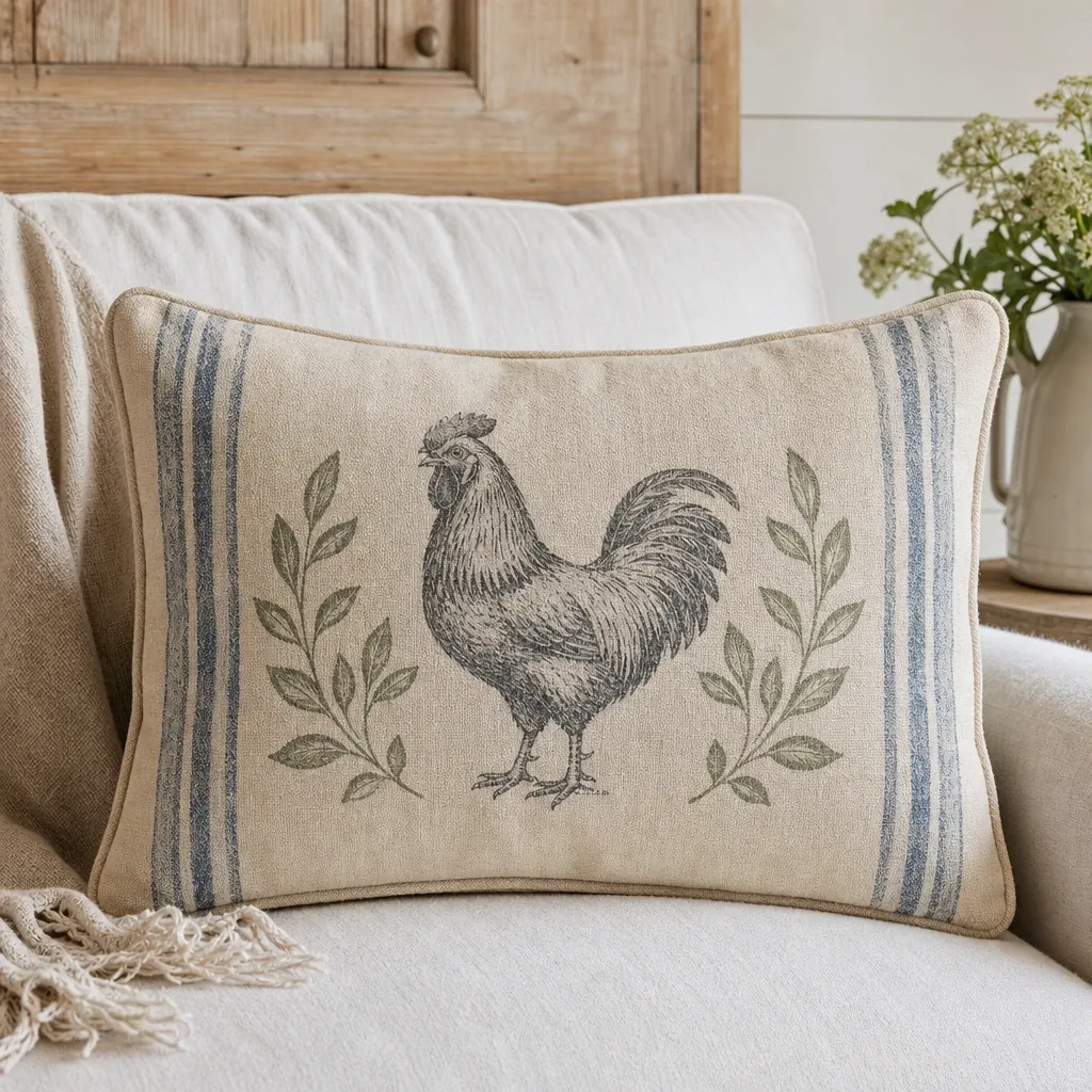 Farmgrown Feed Sack Pillow styled in a warm farmhouse room