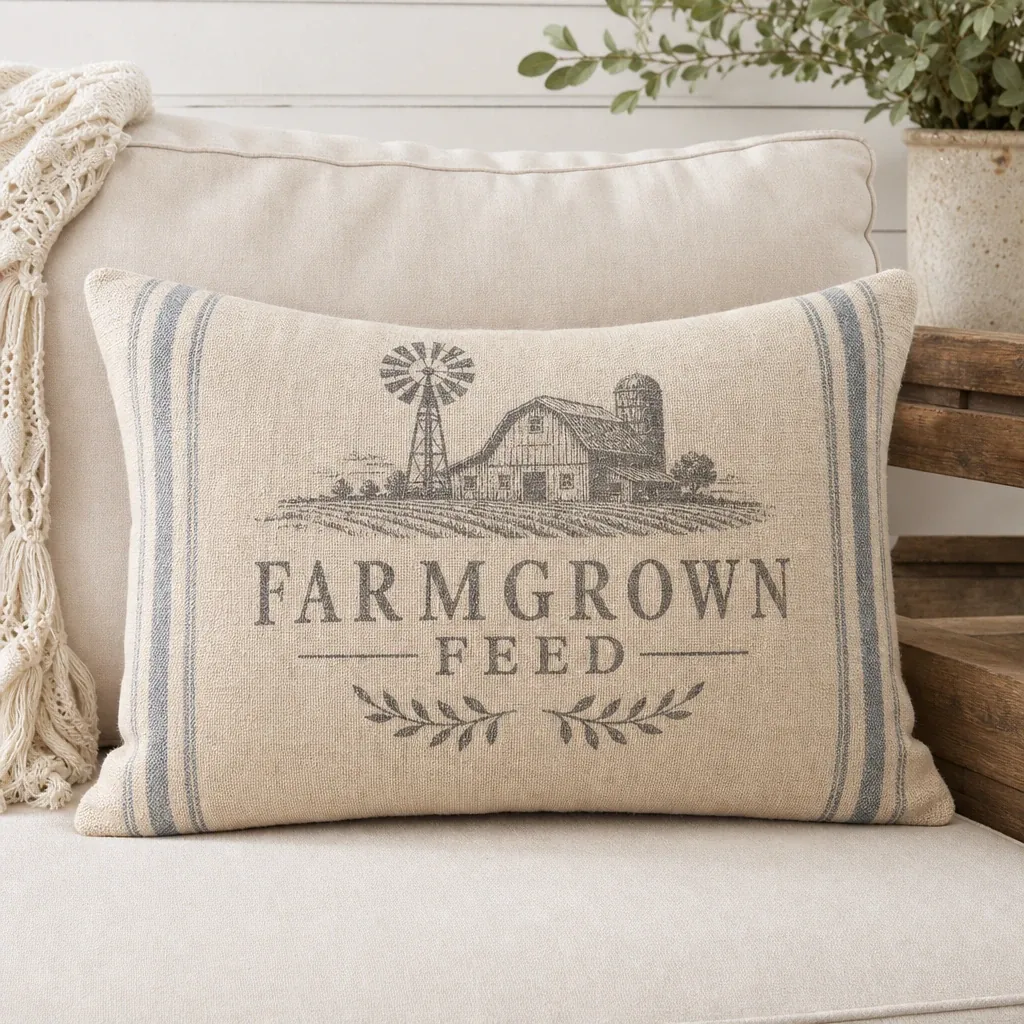 Alternate view of Farmgrown Feed Sack Pillow styled in a warm farmhouse room