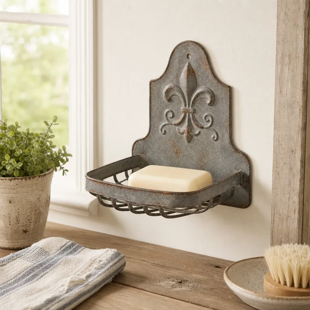 Fleur De Lis Tin Soap Holder styled on a softly lit farmhouse surface