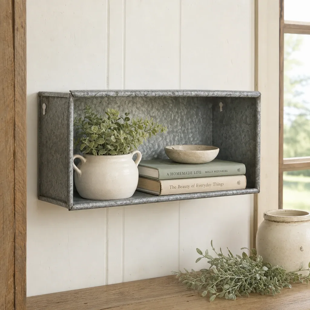 Galvanized Box Wall Shelf displayed in a warm farmhouse interior