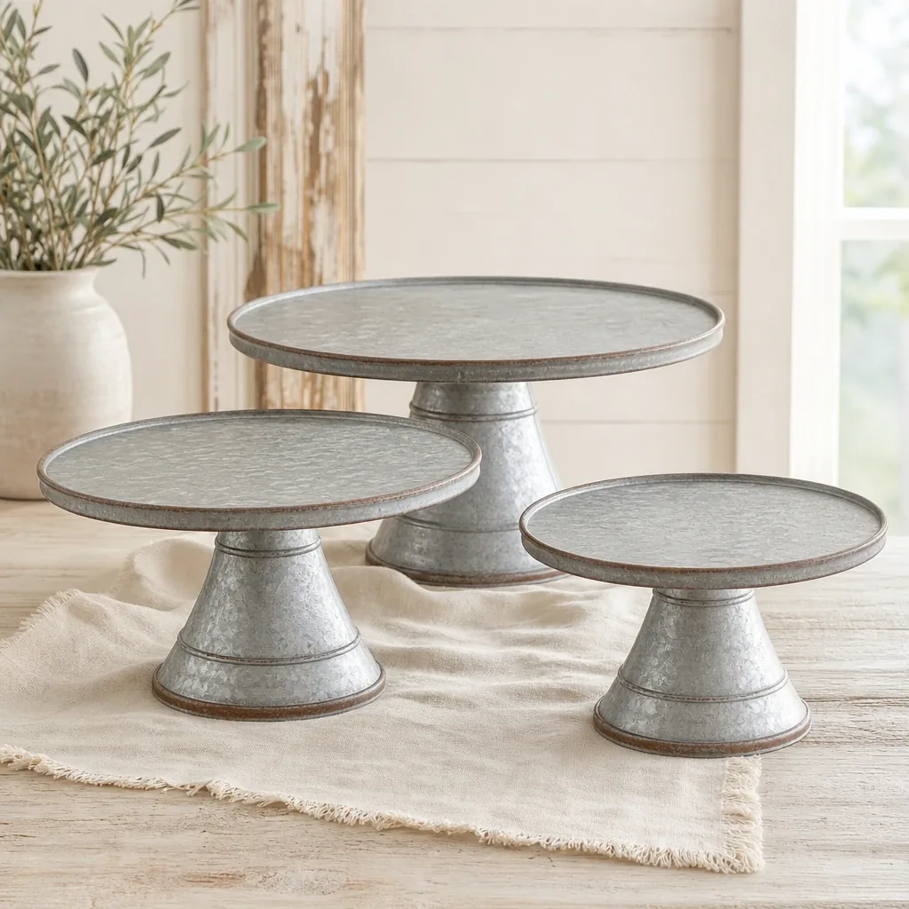 Galvanized Cake Stand, Set of 3 styled on a softly lit farmhouse surface