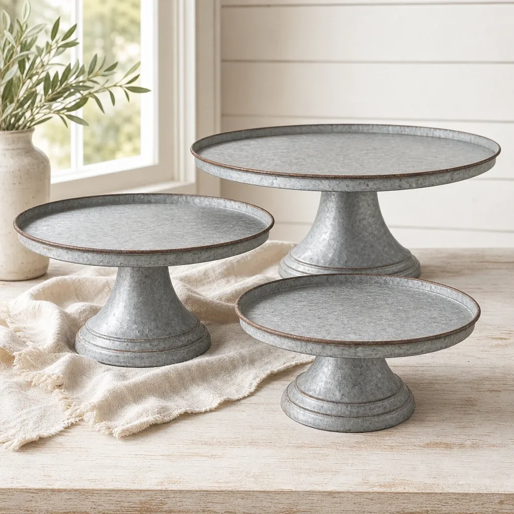 Alternate view of Galvanized Cake Stand, Set of 3 styled on a softly lit farmhouse surface