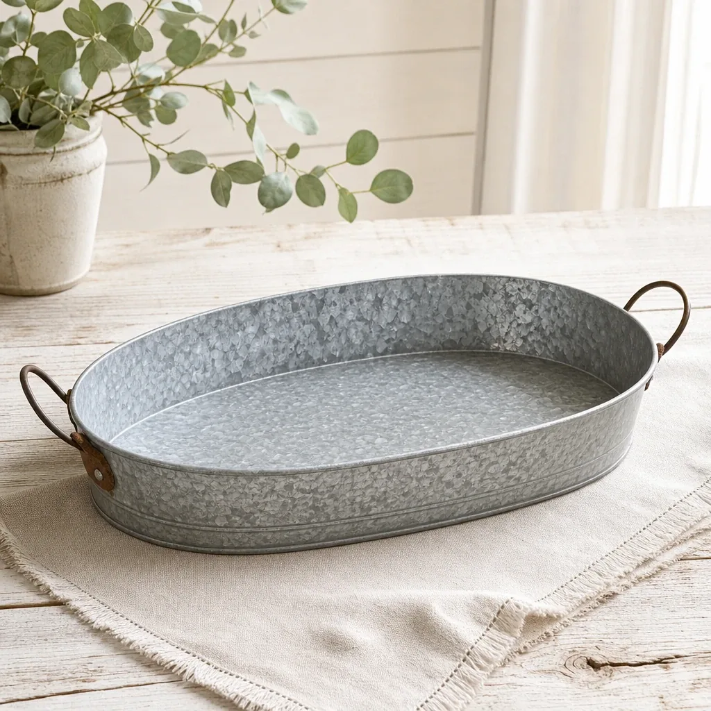 Galvanized Tub Tray styled on a softly lit farmhouse surface