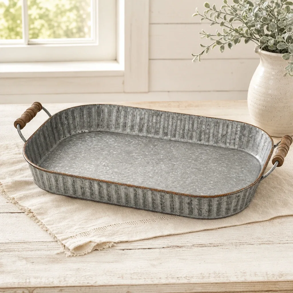 Alternate view of Galvanized Tub Tray styled on a softly lit farmhouse surface