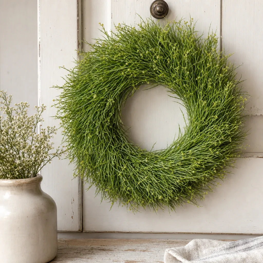 Green Baby Grass Wreath styled with soft natural light and greenery