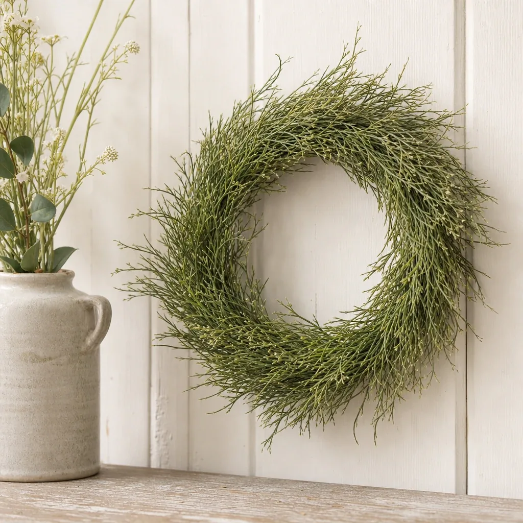 Alternate view of Green Baby Grass Wreath styled with soft natural light and greenery