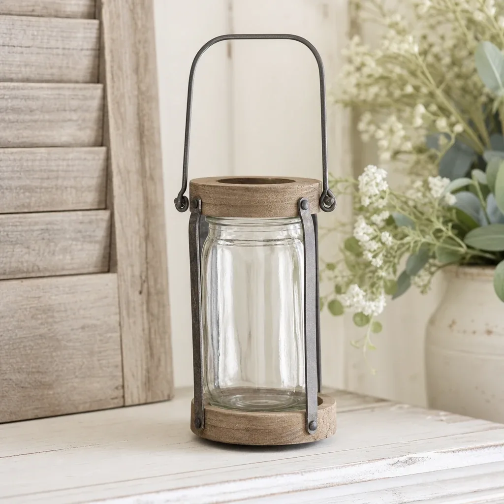 Hanging Canning Jar styled on a softly lit farmhouse surface