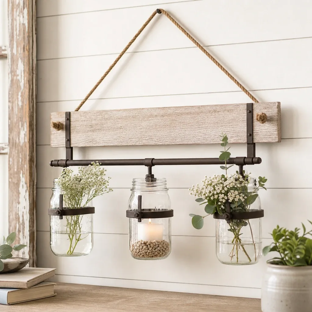 Hanging Canning Jars styled on a softly lit farmhouse surface