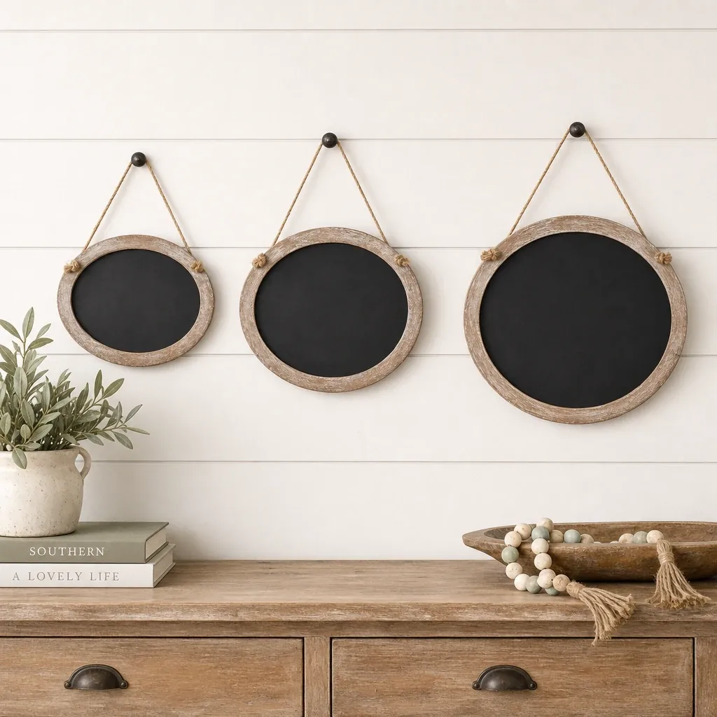 Hanging Oval Chalkboards displayed in a warm farmhouse interior