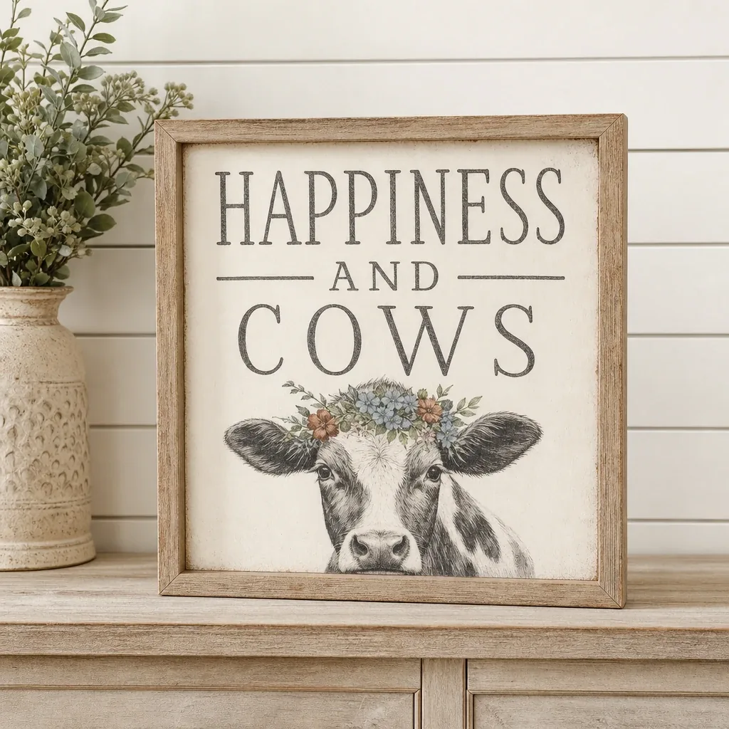 Happiness and Cows Box Sign displayed in a warm farmhouse interior