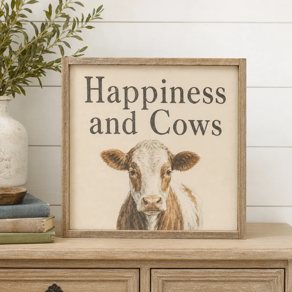 Alternate view of Happiness and Cows Box Sign displayed in a warm farmhouse interior