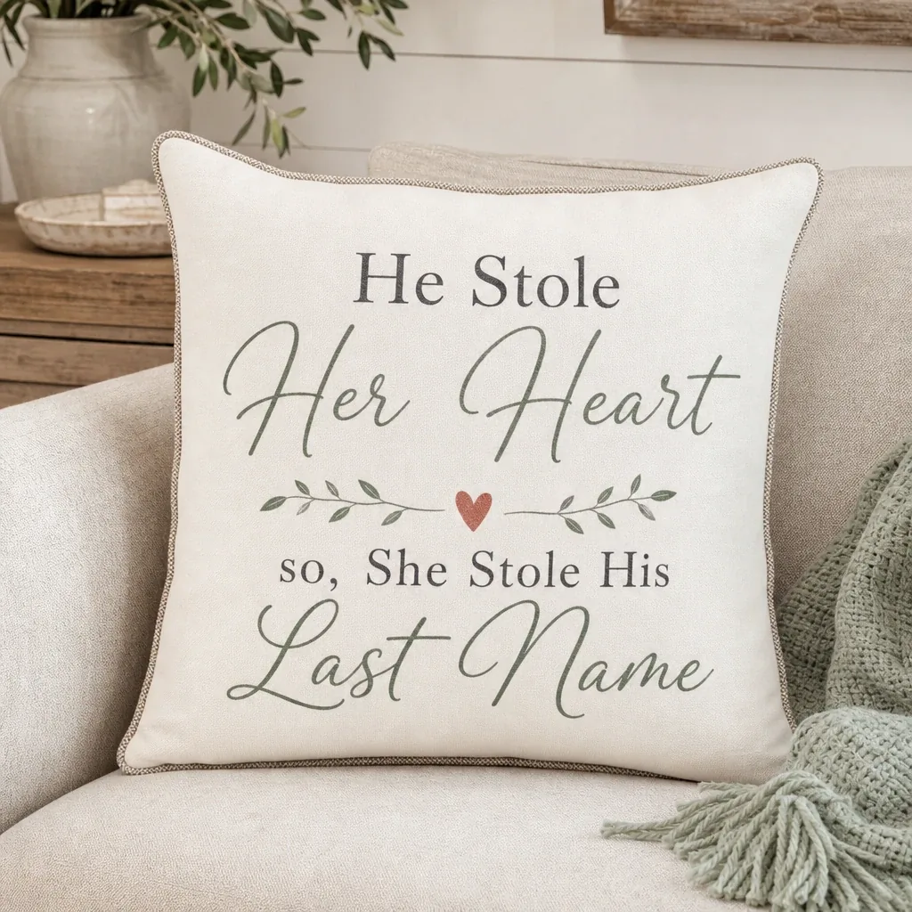 He Stole Her Heart Pillow styled in a warm farmhouse room