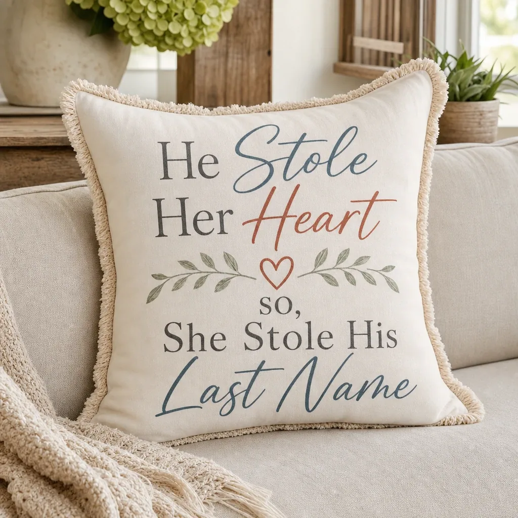 Alternate view of He Stole Her Heart Pillow styled in a warm farmhouse room
