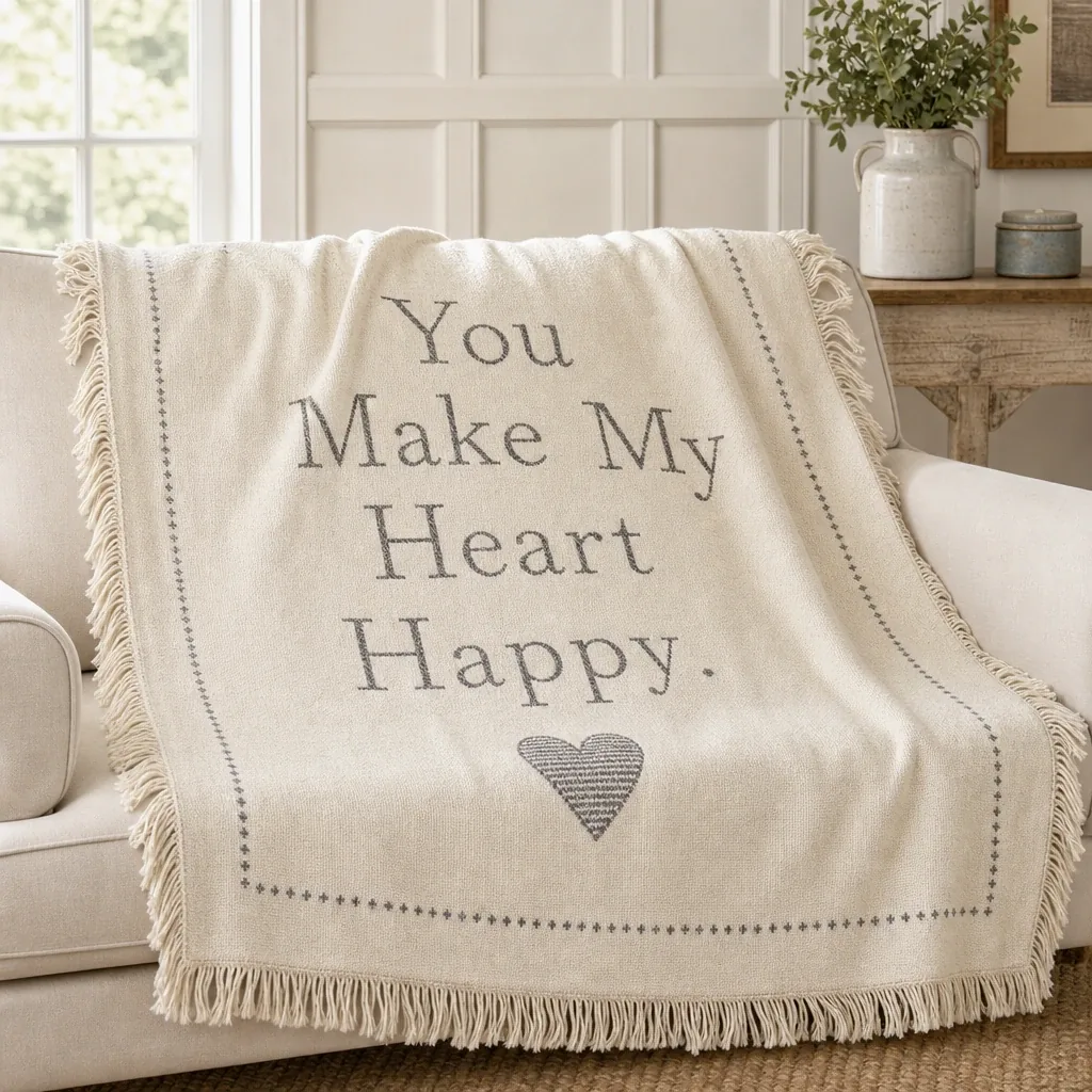 Alternate view of Heart Happy Blanket styled in a warm farmhouse room