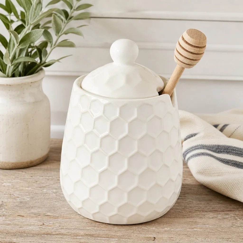 Alternate view of Honeycomb Jar with Wooden Dipper styled on a softly lit farmhouse surface